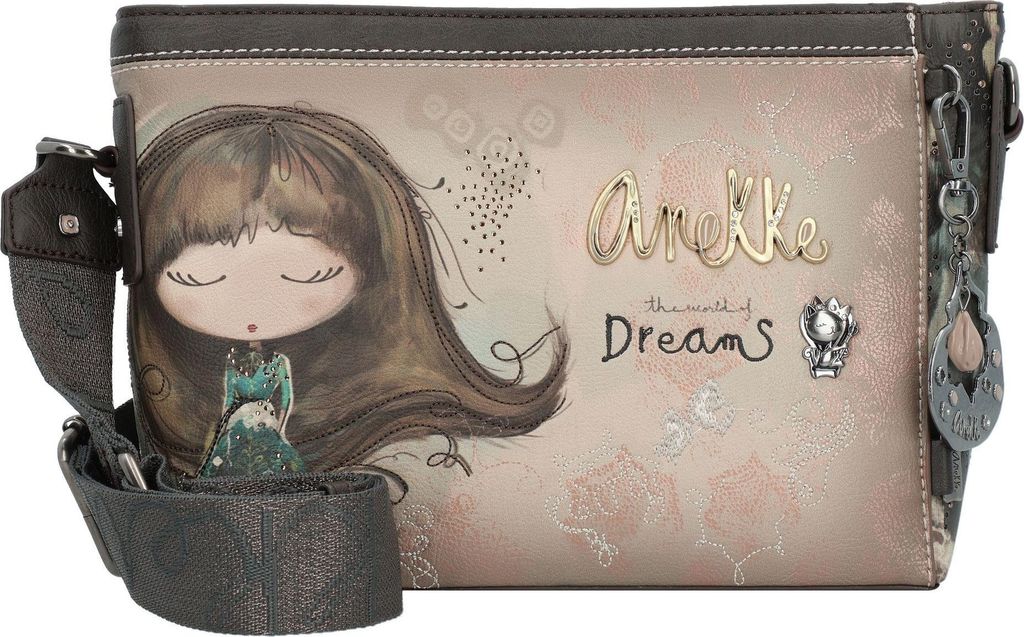 A crossbody bag with a printed illustration of a girl and text.