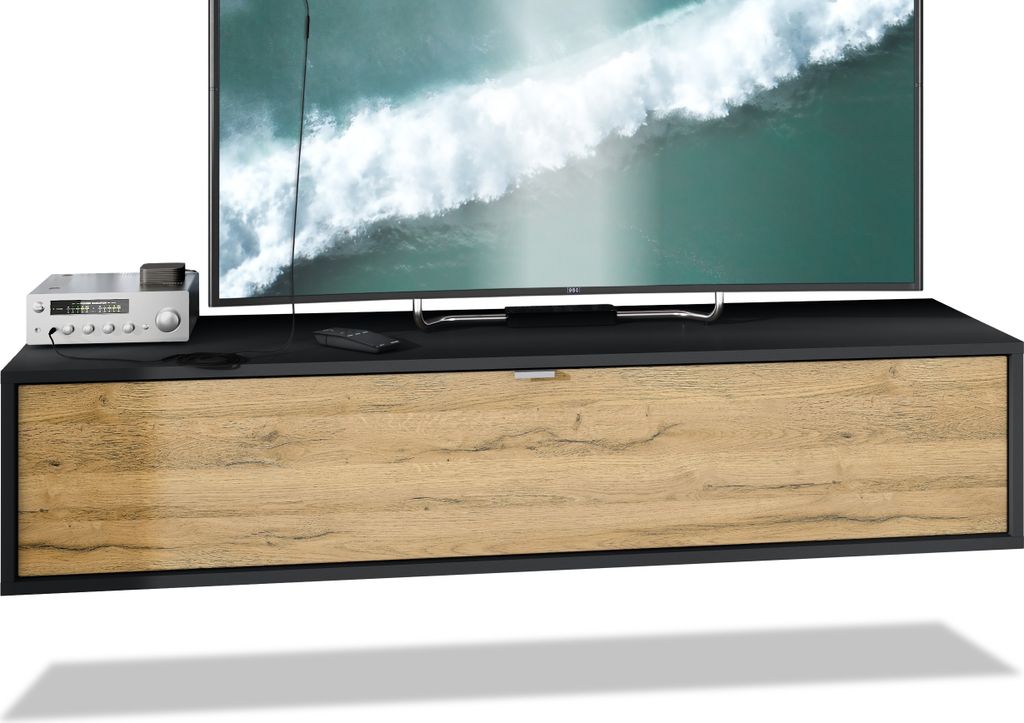Vladon TV Board Lana 140 Hängeschrank Lowboard 140 x 29 x 37 cm, Germany, Korpus in Schwarz matt, Fronten in Eiche Natur | Große Farbauswahl
