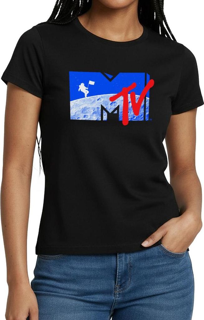 Spreadshirt MTV Logo Cooles Mond-Design Mit Astronaut Frauen T-Shirt, S, Schwarz