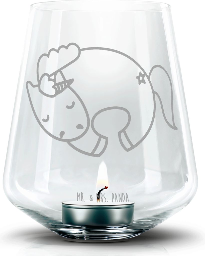 Mr. & Mrs. Panda Windlicht Glas Einhorn Nacht - Transparent - Geschenk, Freundin, Unicorn, gravur, Kerzenhalter, Teelichthalter, Menschen, Einhörn...