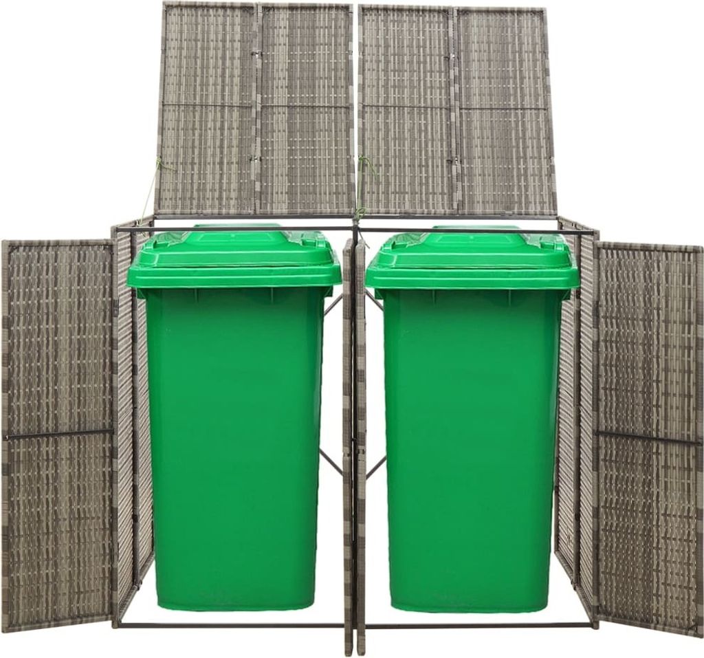 Hochwertige Mülltonnenbox für 2 Tonnen Grau 140x80x117 cm Poly Rattan, Mülltonnenboxen DE15542