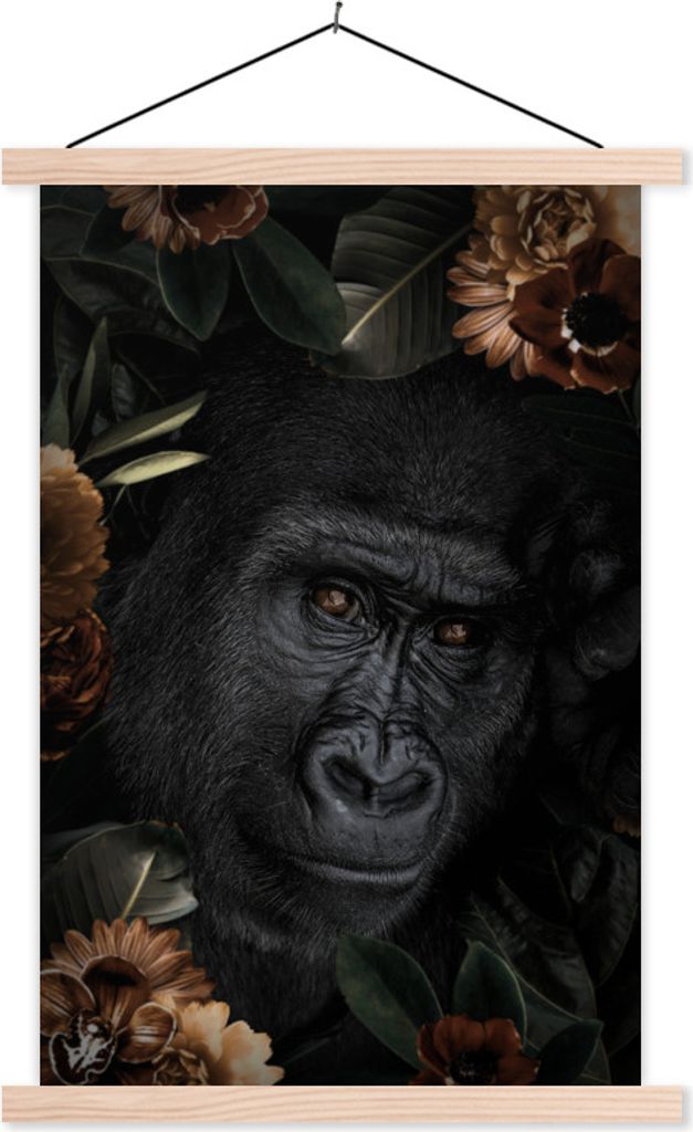 MuchoWow Textilposter Gorilla - Blumen - Pflanzen 60x90 cm mit holzfarbenen Rahmen - Textil