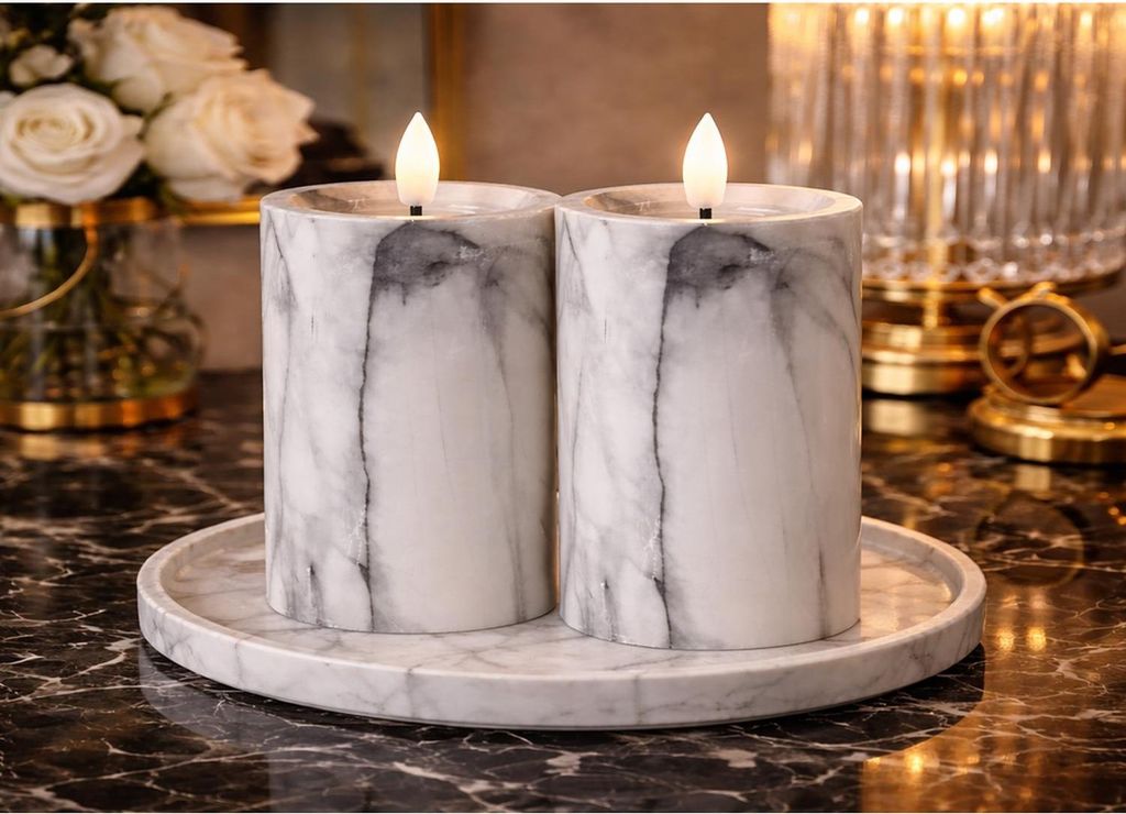 2er LED Kerze Stumpenkerze Marmor Optik flackern Ø7x10cm Weiß Batterie