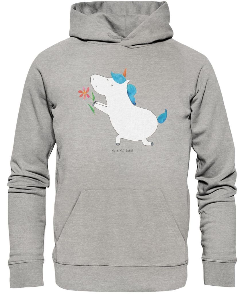 Mr. & Mrs. Panda Organic Hoodie Einhorn Blume Größe M - Heather Grey - Geschenk, Pulli mit Kapuze, Ehe, Pullover, Kapuzenpullover, Pärchen, Hood...
