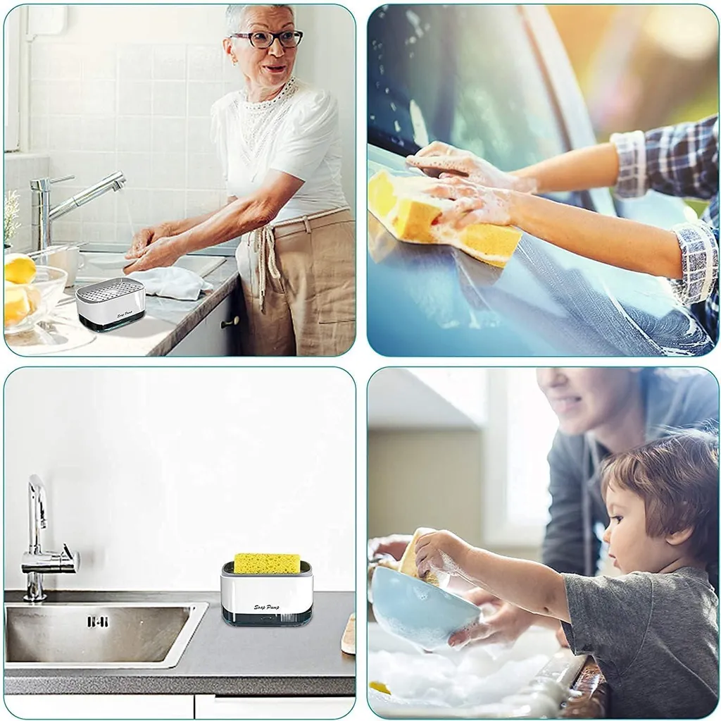 Distributeur de savon cuisine 2 en 1 avec porte-éponge et pompe manuelle