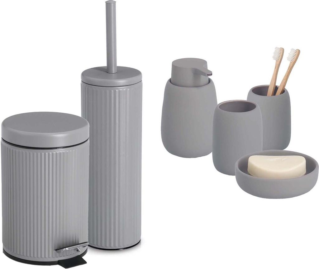 6-teiliges Badezimmer-Set Keramik grau, Badzubehör-Set Produktbild 
