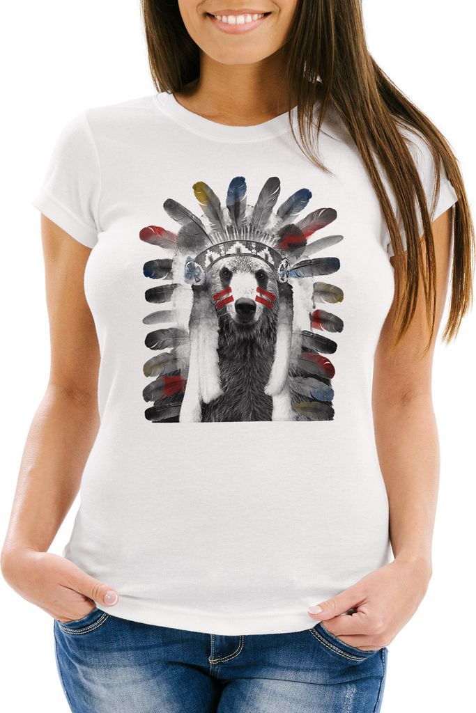 Damen T-Shirt Boho Indianer Häuptling Bär Slim Fit Moonworks weiß M