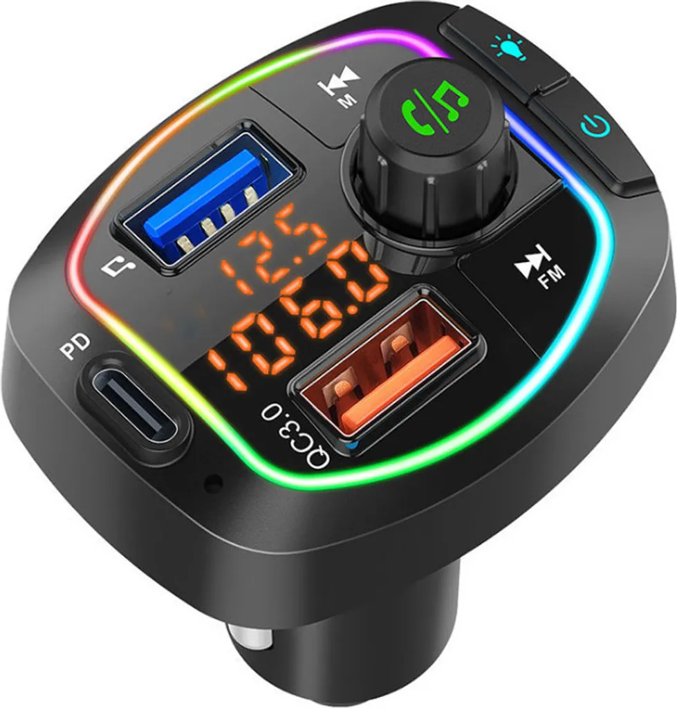 Lettore Mp3 Bluetooth da auto Ricarica rapida Luce colorata Tipo-c Nero Porto