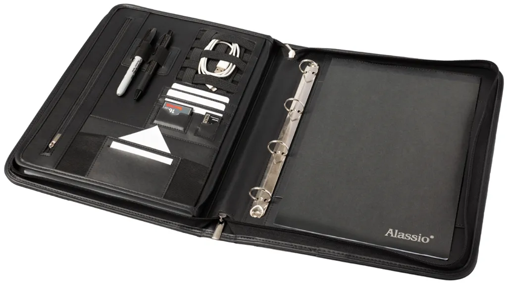 Dossier Alassio A4 similicuir noir avec finition premium et rangement