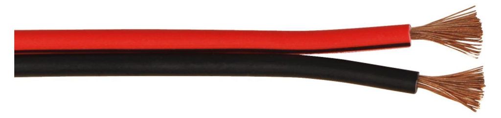 A close-up shot of two wires, one red and one black, with their copper strands exposed at the ends.