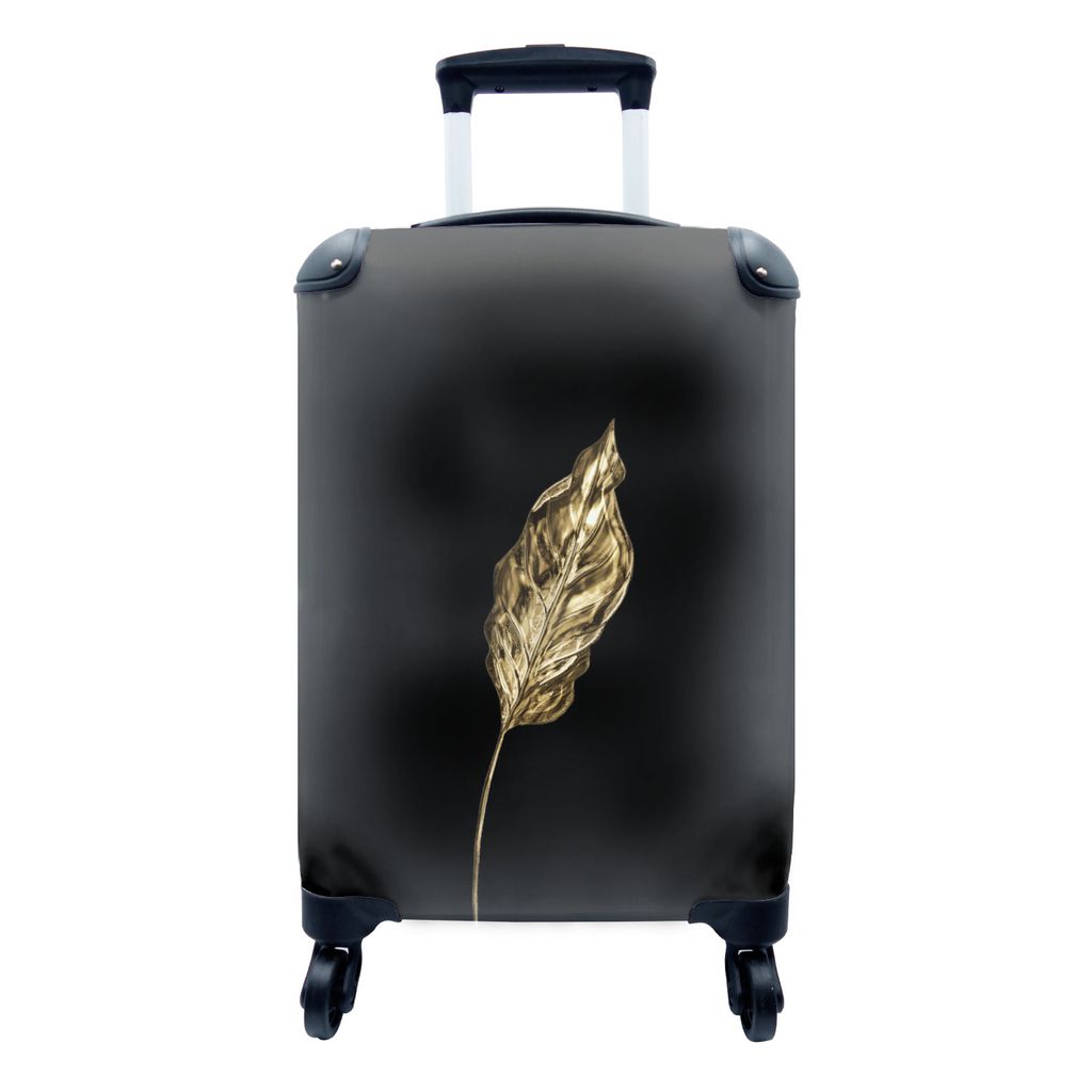 MuchoWow Koffer Handgepäck Trolley Rollkoffer Kleine Reisekoffer mit 4 Rollen - Schwarz und Gold - Blatt - Abstrakt - Cabin Size < 55x40x23 cm &...