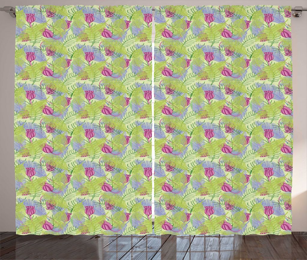 ABAKUHAUS Botanisch Rustikaler Gardine, Zipfel Palme Blätter, Schlafzimmer Kräuselband Vorhang mit Schlaufen und Haken, 280 x 225 cm, Mehrfarbig