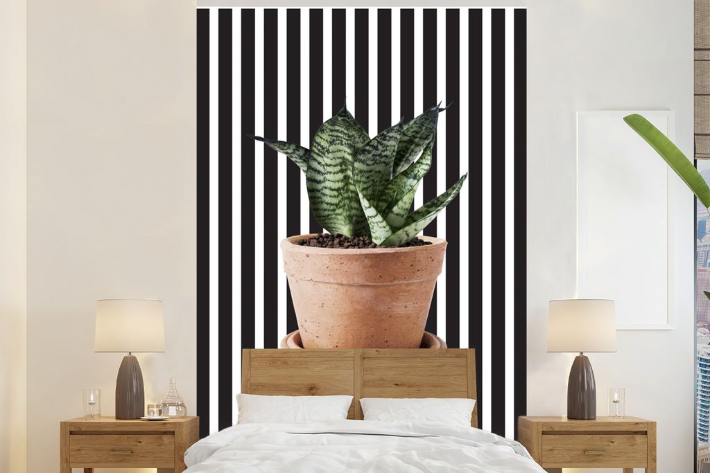 MuchoWow Fototapete für Wohnzimmer oder Schlafzimmer Wandtapete Vinyl Motivtapete Pflanze - Blumentopf - Weiß - Schwarz - 180x280 cm - Wallpaper