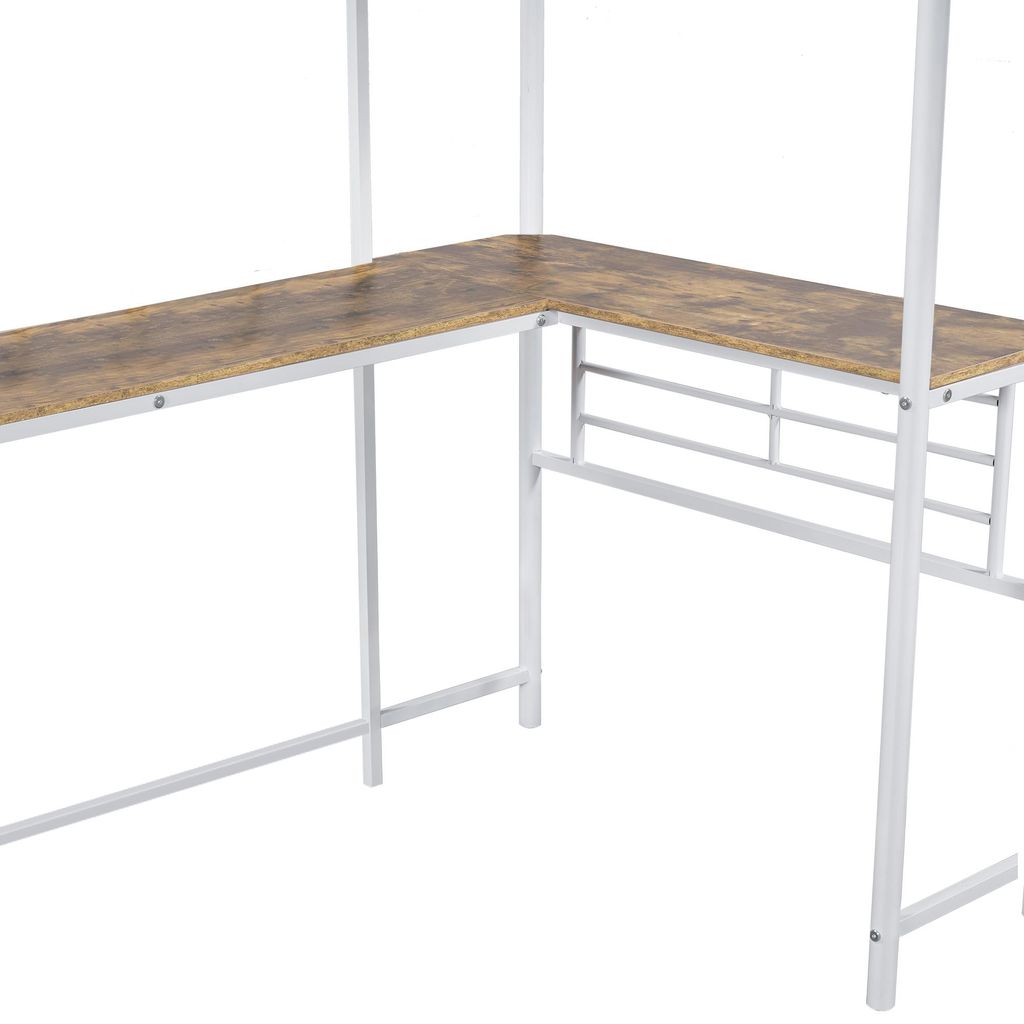 STILVORA Hochbett 90 x 200 Doppelbett Metallbett mit Doppeltreppe, Jugendbett Werkbank und Tisch unter dem Bett,Weiß (ohne Matratze)
