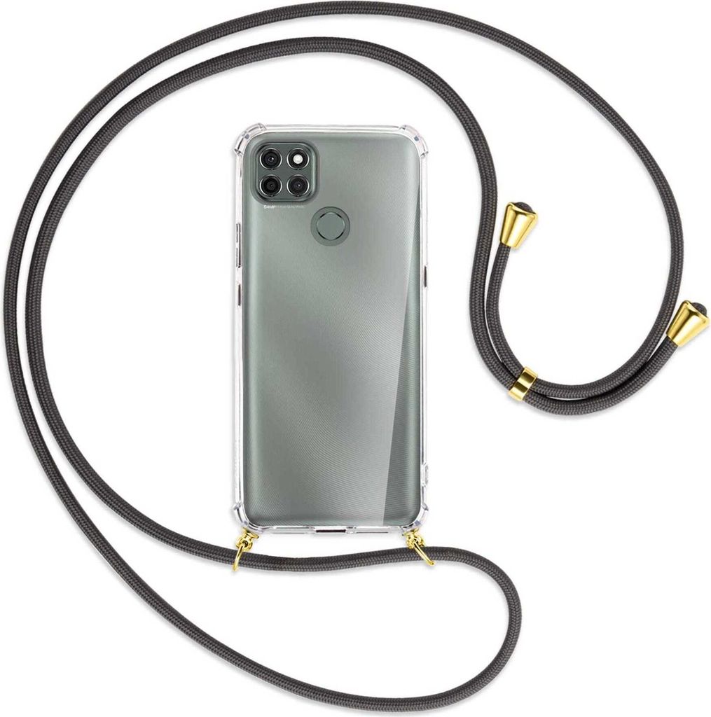 Handykette Backcover-Schutzhülle mit Band (Metall goldfarben) für Motorola Moto G9 Power - dunkelgrau