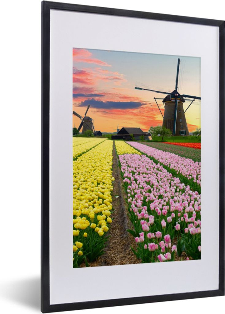 MuchoWow Gerahmtes Poster Windmühle - Tulpen - Blumen - Niederlande 40x60 cm - Poster mit Schwarzem Bilderrahmen Wandposter Rahmen Foto Bilder -...