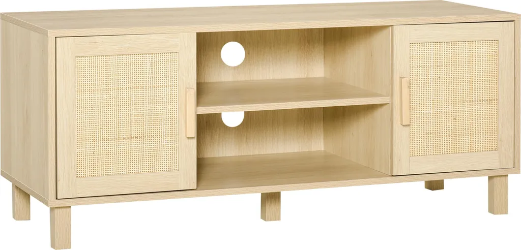 Meuble TV Banc TV 115cm avec Porte en Cannage Rotin Aspect Bois Clair