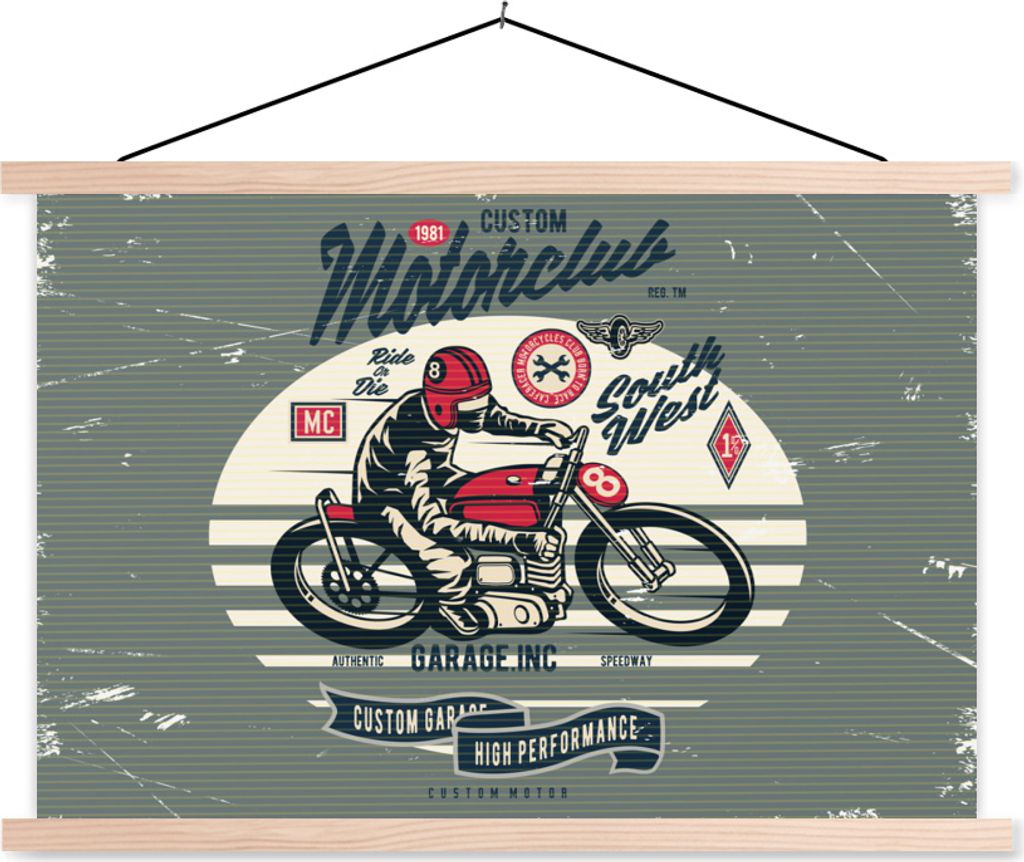 MuchoWow Textilposter Motorrad - Retro - Zitat 120x80 cm mit holzfarbenen Rahmen - Aufhängeset