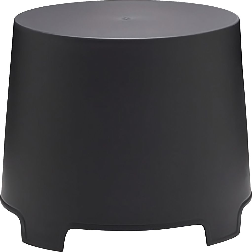 A dark gray, cylindrical stool with four short legs is shown against a white background.