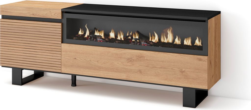 TV-Schrank, Lowboard, 150x35x57cm, Für TV-Geräte bis zu 65", Elektrokamin, Industriedesign, Eiche