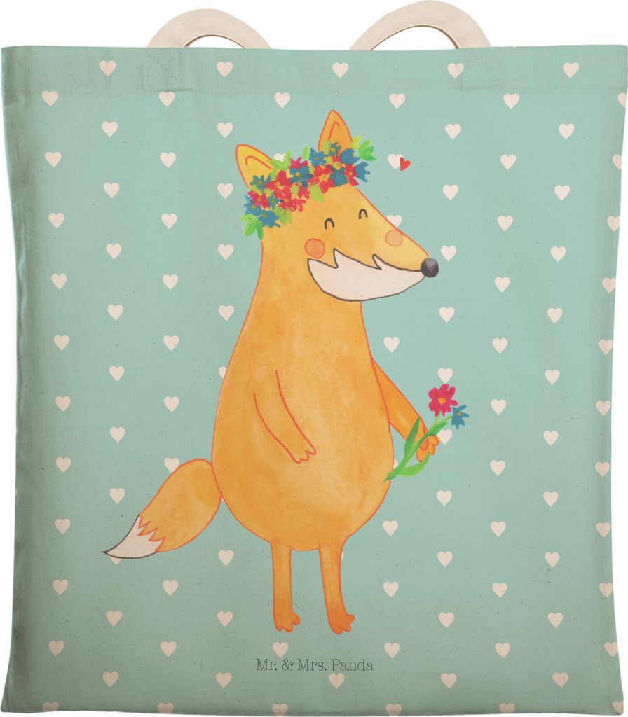 Mr. & Mrs. Panda Tote Bag Fuchs Blumen - Türkis Pastell - Geschenk, Motivation, Blumenliebe, Ich, Beuteltasche, Tragetasche, Liebe, Tasche, Stofft...