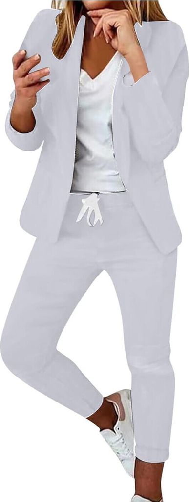 ASKSA Damen Lange aermel Hosenanzug Elegant Business Anzug Slim Fit Revers Set Einfarbig Streetwear Freizeitanzug, Weiss, Groesse: M