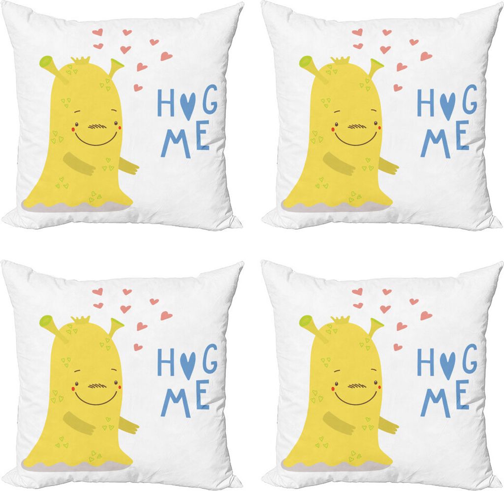 ABAKUHAUS Umarmung Kissenbezug Set (4 Stück), Monster und Hug Me Wörter, Moderner Doppelseitiger Digitaldruck, 50 cm x 50 cm, Sky Blue Yellow