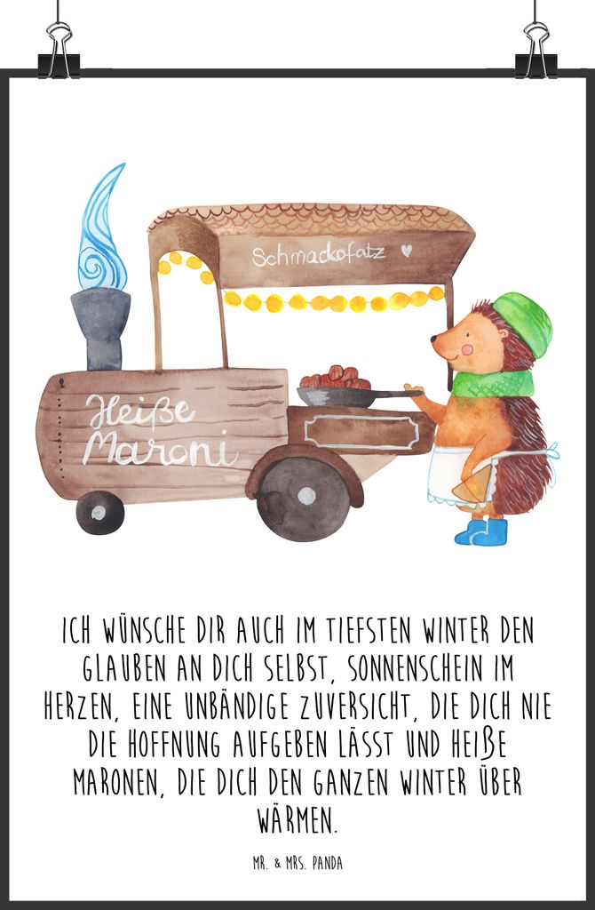 Mr. & Mrs. Panda Bild Igel Maronen DIN A4 - Weiß - Geschenk, Kunstdruck, Weihnachtsmarkt, Plakat, drucke, Weihnachten, Poster, Wandbild, Kastanien...