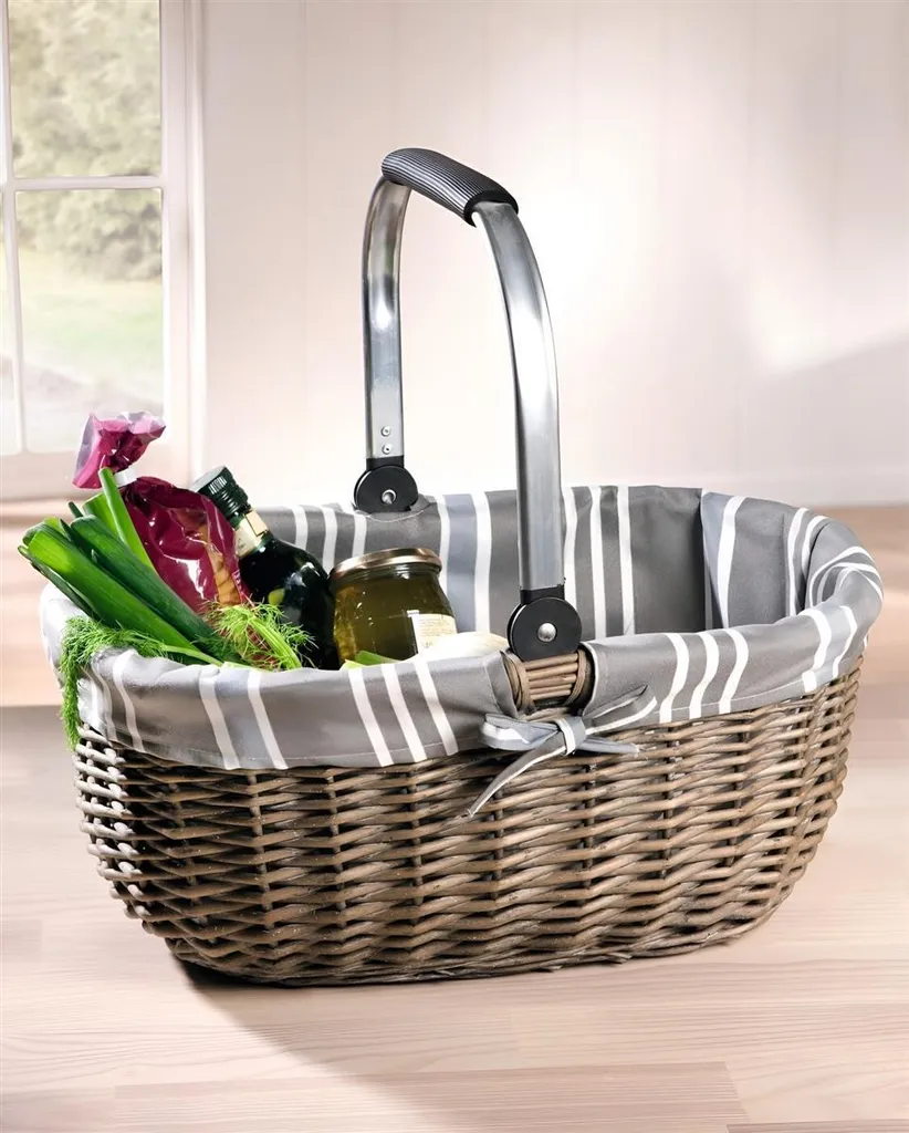 Panier tressé en osier gris 45 cm robuste avec poignée rabattable pratique