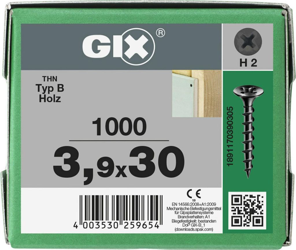 Spax GIX-B Testa di tromba 3,9 x 30 H2 Filetto grosso Immagine del prodotto 