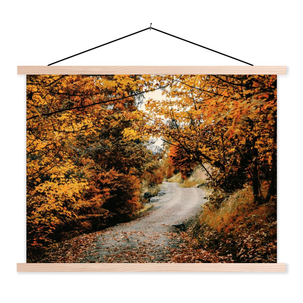 MuchoWow Textilposter Herbstwald - Weg - Laub - Ländlich 40x30 cm mit holzfarbenen Rahmen - Bilder