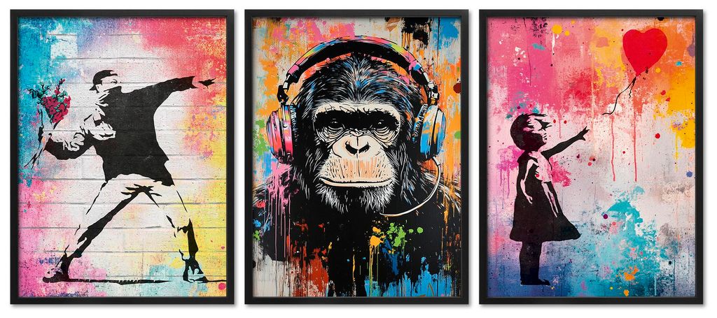 ARTFAVES Poster Set - Colorful Banksy I mehrteilige Bilderwand für Wohnzimmer, Schlafzimmer I Wandbilder Street-Art I mit Rahmen Schwarz