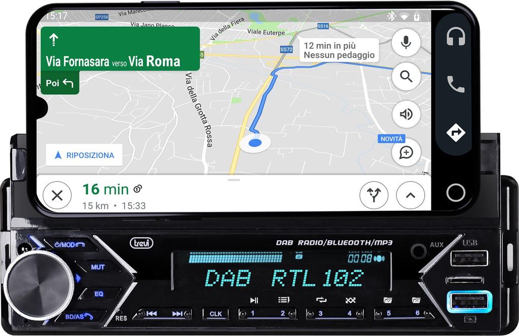 A smartphone displaying a navigation app is mounted on a car stereo system.