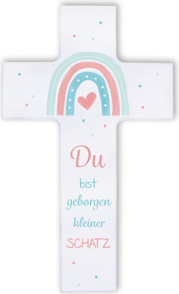FRITZ COX Holzkreuz "Du bist geborgen kleiner Schatz" | Herz unterm Regenbogen | christliches Geschenk für Kinder 20cm