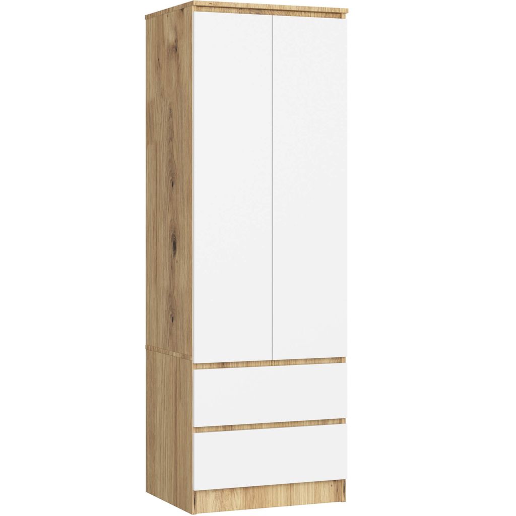 Kleiderschrank AKORD S60 Eiche Artisan 60 cm 2 Türen 2 Schubladen Regal Front Weiß B60 x H180 x T51 cm