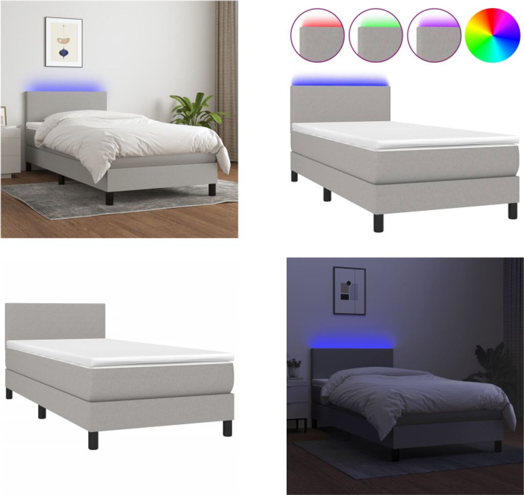 vidaXL Boxspringbett mit Matratze & LED Hellgrau 90x200 cm Stoff - Boxspringbett - Boxspringbetten - Bett - Schlafzimmermöbel