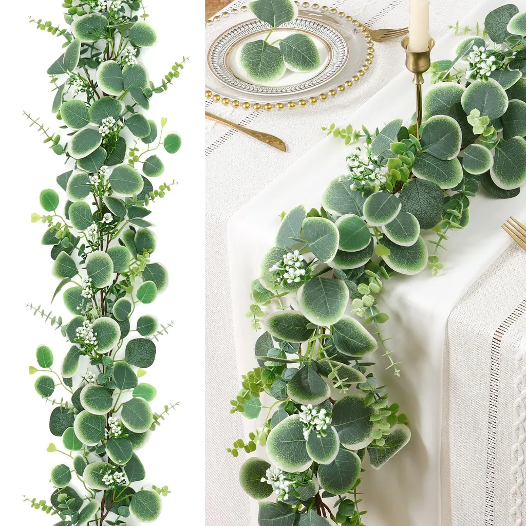 Couronne eucalyptus artificielle 1.8m flexible, fleurs blanches de soie