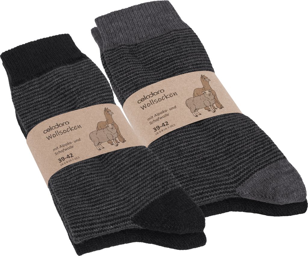 Celodoro Damen & Herren Wollsocken mit Alpaka Uni & Ringel (4 Paar) - Schwarz 39-42
