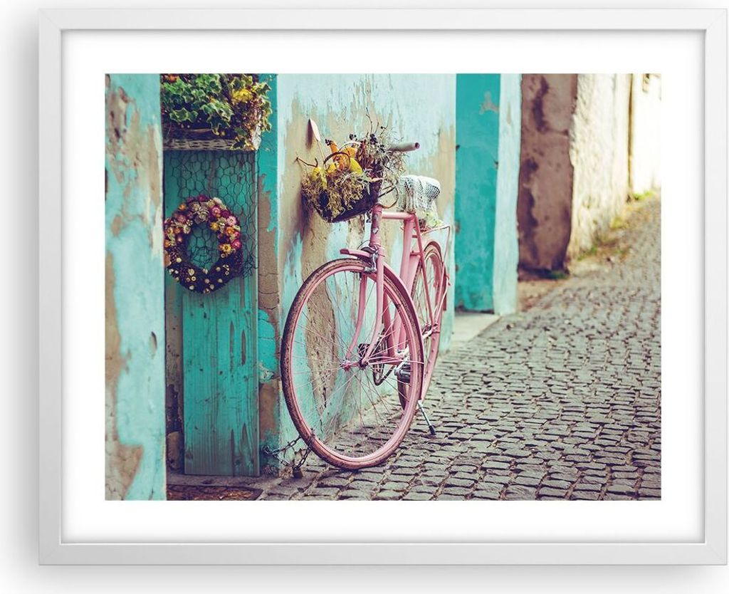 Gerahmtes Poster - Weißer Rahmen - Rosa Fahrrad Vintage - 50x40 cm - Wand Bild - Wanddeko - Wandbilder - Kunstposter - Wandposter - Bilderrahmen -...