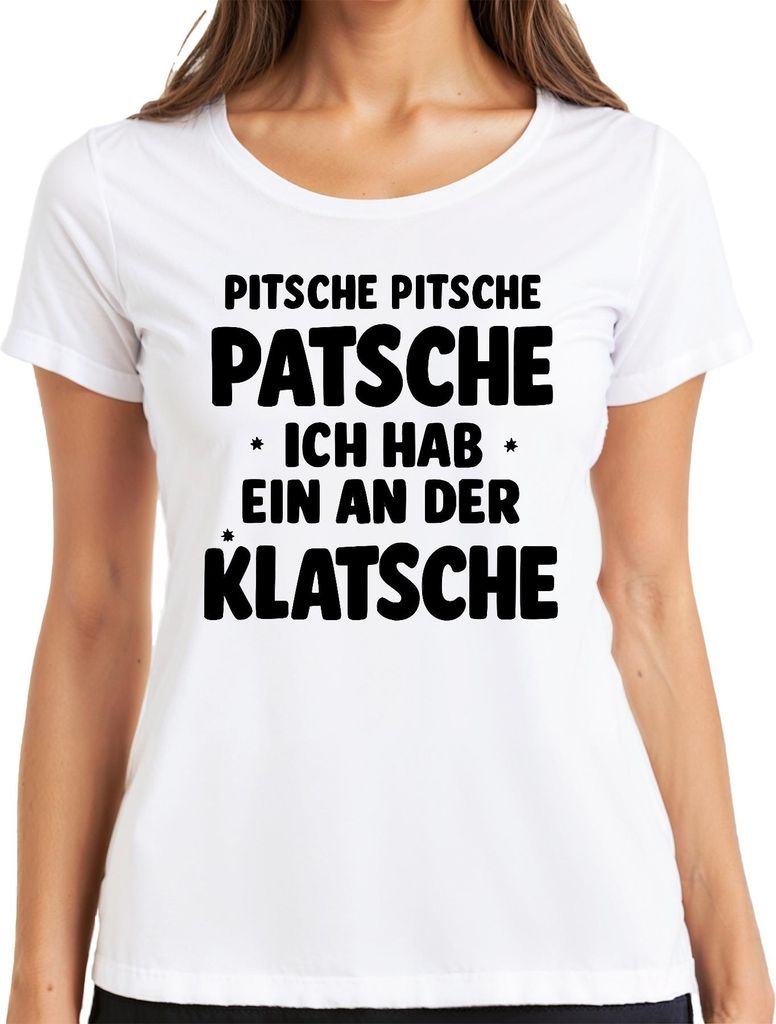 Pitsche Pitsche Patsche ich hab ne Klatsche lustig Fasching Humor Damen T-Shirt, Weiß, XXL