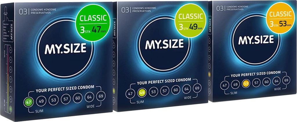MY.SIZE Classic Kondome 3er Testpaket | 47, 49, 53 mm Breite | 3x3 Stück Premium-Condome extra dünn | mit Natürlichem Hautgefühl | Dünne Wands...
