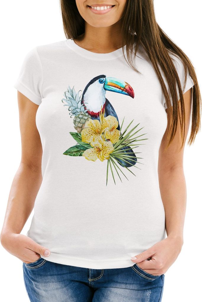 Damen T-Shirt Tucan Ananas Tropical Summer Jungle Paradise Pineapple Slim Fit Neverless weiß XXL