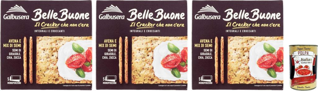 Galbusera BELLEBUONE, Cracker mit Hafer und Sonnenblumenkernen, Chia und Kürbis, 3x 200g + Italian Gourmet polpa 400g