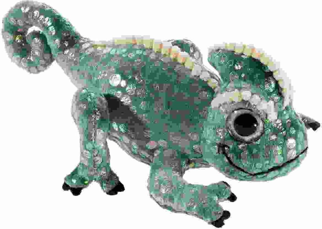 A plush toy chameleon with green and silver sequins, and yellow and white accents along its back and head.