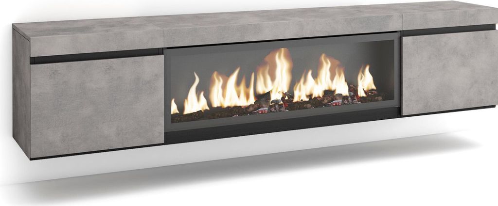 TV-Schrank, Lowboard, 208x35x45cm, Für TV-Geräte bis zu 80", Elektrokamin XXL, Hängend, Zementgrau
