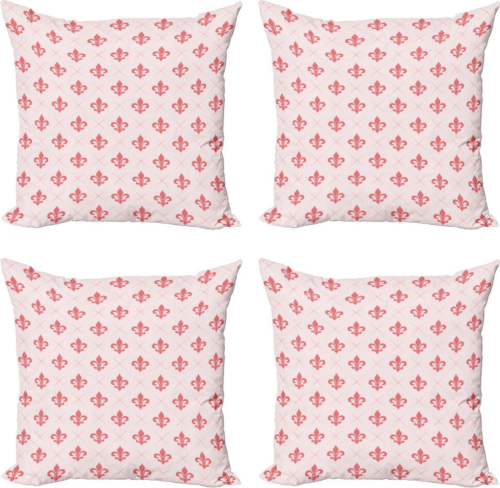 ABAKUHAUS Koralle Kissenbezug Set (4 Stück), Checkered Fleur De Lis, Moderner Doppelseitiger Digitaldruck, 60 cm x 60 cm, Coral Baby Pink