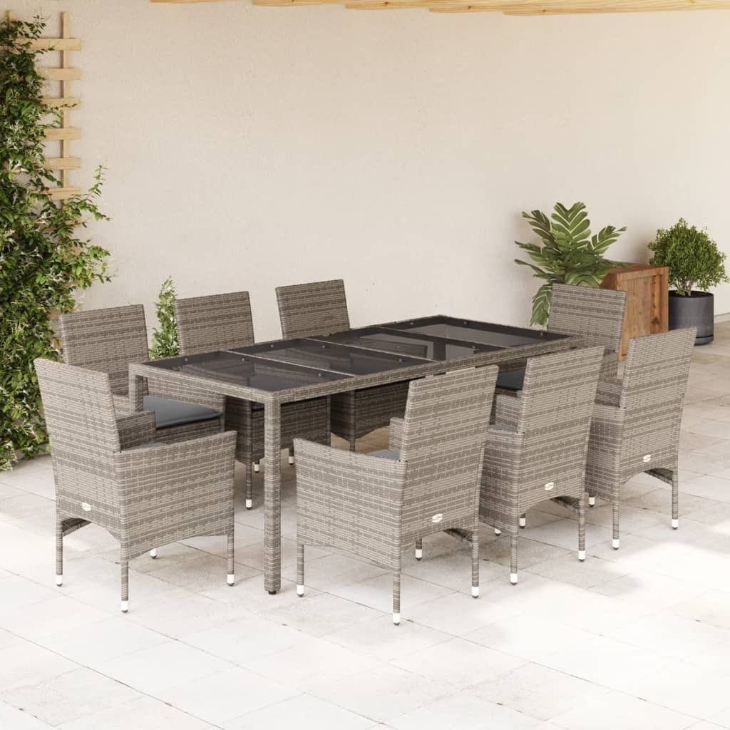 Maison Exclusive - 9-tlg. Garten-Essgruppe mit Kissen Grau Poly Rattan und Glas