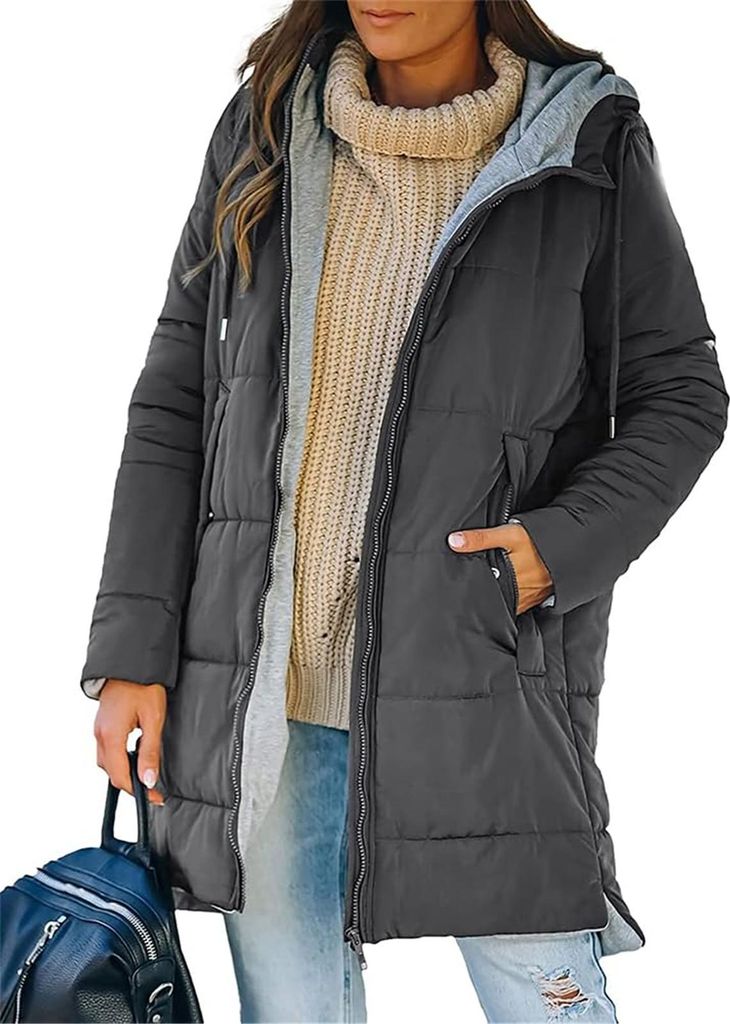 ASKSA Damen Wintermantel Lang Daunenmantel Steppmantel Jacke Einfarbige Winter Warm Reissverschluss Daunenjacke mit Kapuze (Dunkelgrau,S)
