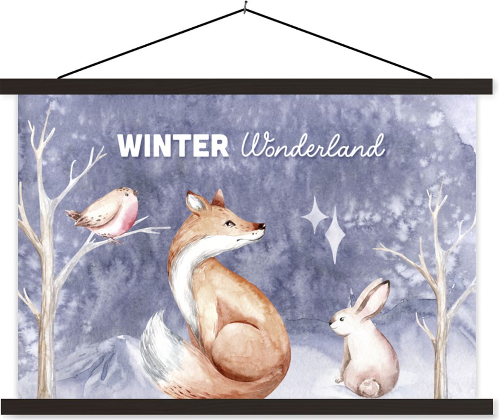 MuchoWow Textilposter Winter - Fuchs - Vogel - Kaninchen 60x40 cm mit schwarzem Rahmen - Hölzernes