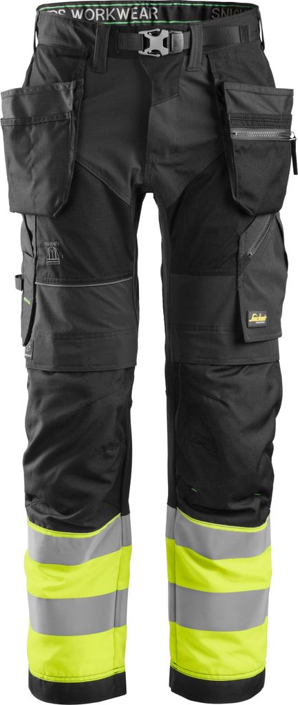 Snickers FlexiWork Hi-Vis Arbeitshose m. Holstertaschen, Kl. 1, EN 14404, 20471 Schwarz-HV-Gelb-48